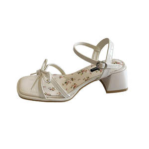 <span class=keywords><strong>Sandali</strong></span> con <span class=keywords><strong>Tacco</strong></span> Grosso e Fiocco in Stile Francese, Tinta Unita, Tomaia in PU, Tendenza Moda Coreana, Cinturino Singolo con Fibbia, per Abiti Estivi - Product Image 2