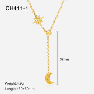 Fashion Wanita Perhiasan Tahan Air 14K Emas Disepuh Panjang Baja Tahan Karat Kalung Bulan dan Bintang - Product Image 5