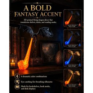 RHUTQP Dragon Bookshelf Nook <b>Light</b> 3D Printed <b>LED</b> Fire Breathing Fantasy Shelf Decor Flying Design Blue or Red Flame Large - Product Image 2