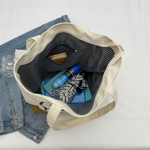 Sac fourre-tout en toile épaisse <span class=keywords><strong>bicolore</strong></span> grande capacité avec fermeture éclair, entièrement doublé, imprimé lettres, sac à bandoulière en toile <span class=keywords><strong>bicolore</strong></span> avec poche intérieure - Product Image 4