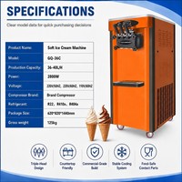 Machine à glace molle commerciale 3 saveurs, haute capacité 36-40L/H, 2800W, en acier inoxydable, avec pompe à air et écran LED GQ-36C