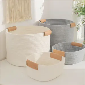 Cesta grande de algodón tejida, cesta redonda para almacenamiento de ropa, gris y blanco