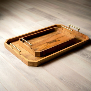 Premium Oval Nesting Acacia Wood Serving Trays Set 2 Sleek <b>T</b>-<b>Bar</b> Brass Handles Disposable Eco-Friendly Modern Luxury ROSHAN - Product Image 1