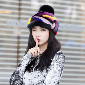 Casquettes en <span class=keywords><strong>fourrure</strong></span> de vison véritable Chapeaux de mode en <span class=keywords><strong>fourrure</strong></span> pour femmes multicolores Chapeaux chauds d'hiver colorés avec <span class=keywords><strong>pompon</strong></span> - Product Image 2