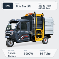 Camion benne électrique compact à chargement latéral, trois roues, cabine fermée, pour le ramassage des déchets