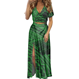 เดรสผู้หญิงคอลเลคชั่นใหม่ปี 2020 ขายส่ง เสื้อผ้าผู้หญิง เดรสผ่าข้าง ลายดอกฮิบิสคัสโพลินีเซียน แขนสั้น คอวี - Product Image 2