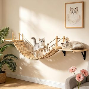 Eco-Friendly Classic Wooden <b>Cat</b> <b>Tree</b> with Roped Bridge Wall Shelves <b>Bed</b> & Perches for Indoor <b>Cats</b> Carton Packed - Product Image 1