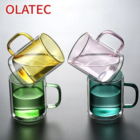 OLATEC Tasse en verre borosilicate à double paroi isolée 350 ml, colorée avec poignée, pour eau, thé, café, en stock