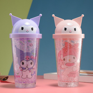 Cartoon Plastic Straw Cup Double Wall Portable Water Bottle For Students Summer Theme Pink Dark Violet Two Piece Set - Product Image 1