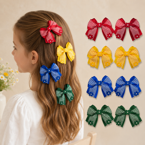 Ingrosso 2 Pezzi Fiocchi per Capelli <span class=keywords><strong>a</strong></span> Quadretti 6 Colori, Fermagli per Capelli in Grosgrain con Fiore e Perla, Accessori per Capelli per Ragazze per il Ritorno <span class=keywords><strong>a</strong></span> Scuola, Confezione Multipla - Product Image 1