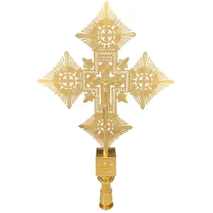 HT Church Product Manufacture Greek Ethiopia Russia Orthodox Catholic Cross Large Metal Gold Plated Processional Cross