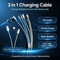 Câble de données USB Type-C tressé en nylon 3-en-1 à charge rapide 3A, portable, charge simultanée pour iPhone et Android