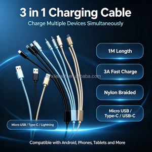 Cable de Datos 3 en 1 con Carga Rápida de 3A, Cable de Carga Portátil con Trenzado de Nailon Micro USB Tipo-C, Carga Simultánea para iPhone y <span class=keywords><strong>Android</strong></span> - Product Image 1