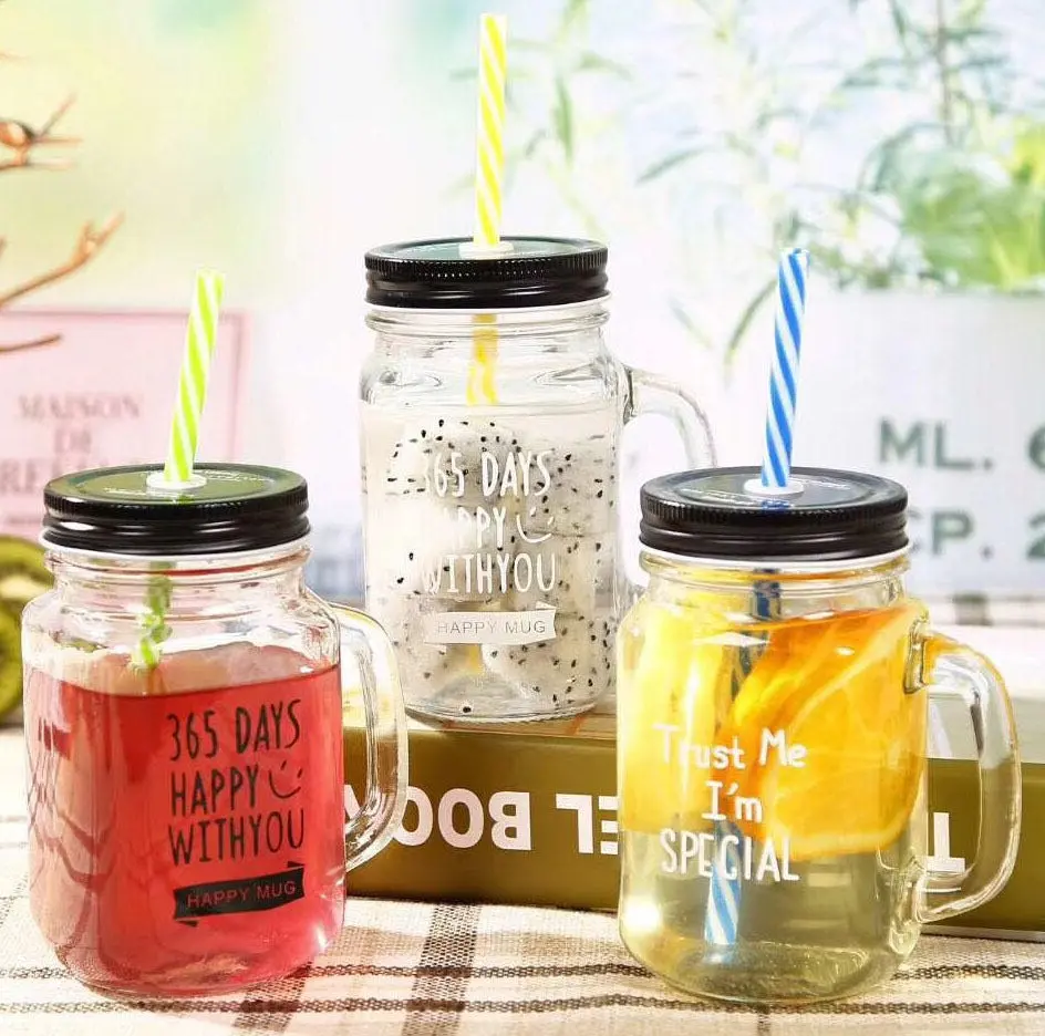 Thủy tinh Mason Jar với xử lý rơm thép không gỉ kim loại nắp tùy chỉnh in logo