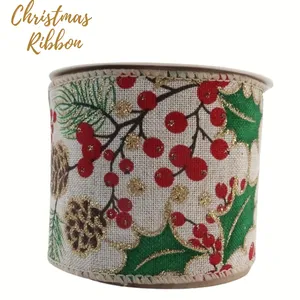 Christmas Present Packing Decoration Printing Pattern Hessian Jute Burlap Ribbon Wired Jute Ribbon Wired Burlap Ribbon