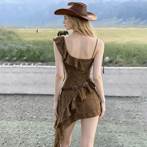 Vestido Mini Asimétrico con Lazo y Volantes para Mujer, Estilo Francés Sexy, Corte Regular, Color Sólido, Lavable, Estilo Grunge Chic - Product Image 4