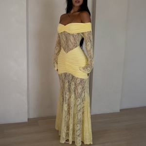 Nuevo Vestido de Otoño Invierno con Hombros Descubiertos, Encaje, Patchwork, Sexy, para Fiesta, Plisado, Ajustado, Maxi - Product Image 2