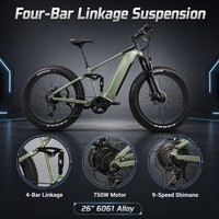VTT électrique à suspension intégrale 750W Mid Drive, cadre en aluminium 6061, fourche verrouillable M370 9 vitesses