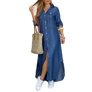 Elegantes buchstabendruck Damenlangekleid 2024 Frühjahr Sommer lange Ärmel Maxi-Kleid lässig feminin Knopfleiste Teilparty-Kleid Vestidos