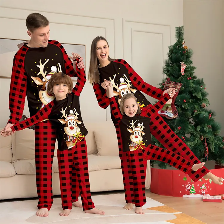 Wholesale Cross-Border Deer Cartoon Print Pajamas Christmas Winter Warm Long Sleeve Plaid Christmas Family Matching Sets Pajamas