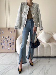 2023 New Fashion <strong>Grey</strong> Melange Tweed <strong>Blazer</strong> Top for <strong>Women</strong> Elegan Young Ladies' Breathable Jackets - Product Image 5