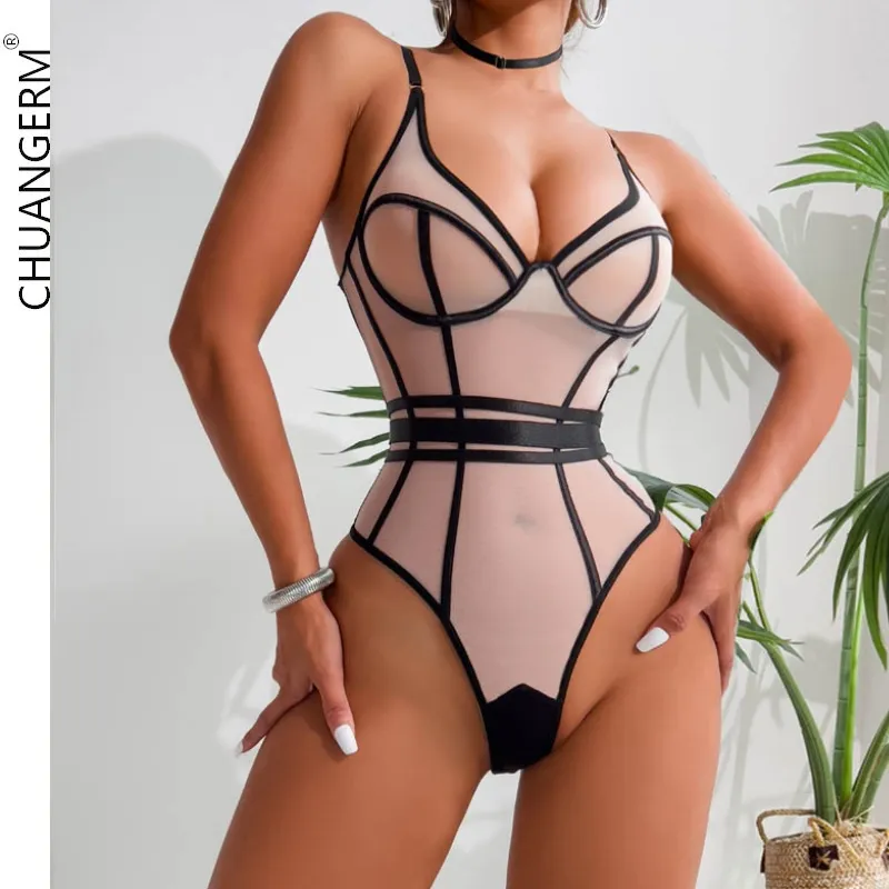 CHUANGERM In Stock New For Summer 2024 Mesh Splicing Sexy See-Through Shaping Backless Sling Bodysuit Women Lingerie