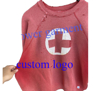 Sudadera personalizada de algodón 100% de alto gramaje, larga, estilo urbano, roja, con lavado vintage, efecto descolorido por el sol, bordado y desgastada, cuello redondo, holgada - Product Image 1