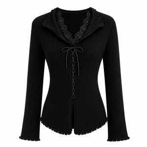 Vintage Fitted Woven 100% Silk Eco-Friendly <b>Cardigan</b> with <b>Lace</b> up Front Scallop Hem Lantern Sleeve for Color Autumn Wear - Product Image 3