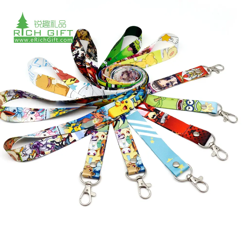 Personalized custom logo dye sublimation satin screen printed polyester woven tool bule anime cute line kpop lanyard for student