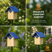 Nichoir écologique pour oiseaux bleus avec poteau, en bois de pin blanc d'Orient naturel, grande boîte à nids pour la décoration de jardin, patio ou extérieur.