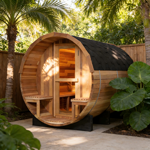 Sauna extérieur en forme de baril pour 4 à 6 personnes avec véranda, sauna à vapeur en cèdre rouge avec chauffage de 6 kW, toit en asphalte noir, porte en verre trempé - Product Image 4