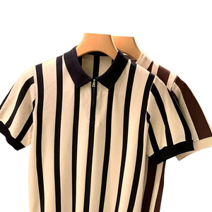Populaire décontracté pull ample à manches courtes tricot hommes t-shirt été col rond rayé vertical tricot hommes Polo - Product Image 4