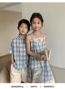Completo Coordinato Estivo 2026 per Famiglia: Abito Scozzese Mamma e Figlia, Camicia <span class=keywords><strong>Papà</strong></span> e Figlio con Pantaloncini F22M - Product Image 3