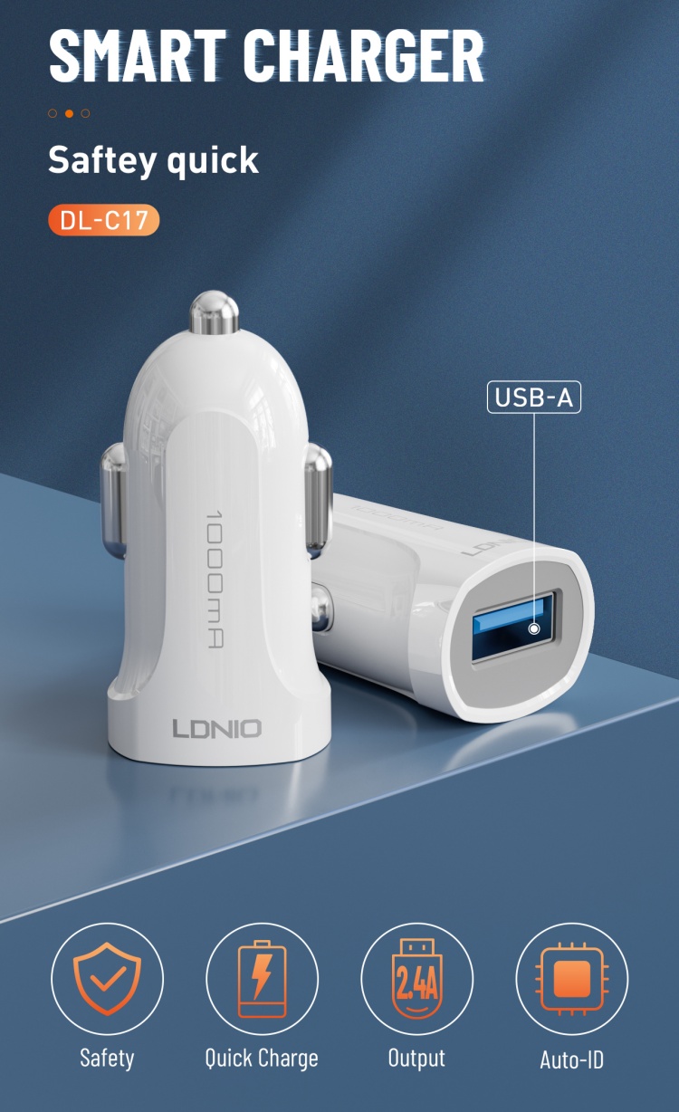 CARGADOR VEH. LDNIO DL-C17 12W 2.4A - 1P USB + TC