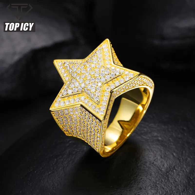 แหวนฮิปฮอปสุดหรูสำหรับผู้ชายผู้หญิง,แหวนชุบทองเย็นเงินแท้925 VVS Moissanite