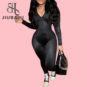 Tuta Skinny autunno <span class=keywords><strong>Casual</strong></span> tinta unita con scollo a V manica lunga a maniche lunghe completo abbigliamento sportivo da <span class=keywords><strong>donna</strong></span> - Product Image 1