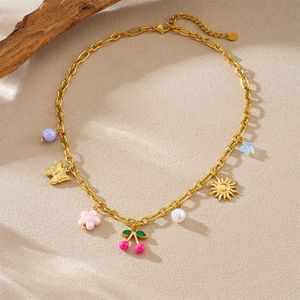 Gold Plated Charm Necklace With Butterfly Sun Cherry Pendant For Gift - Product Image 3