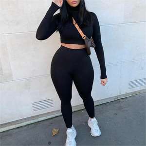 Conjunto Deportivo de 2 Piezas para Mujer, Top Corto de Manga Larga Ajustado de Color Sólido a la Moda, Pantalones Jogger - Product Image 2