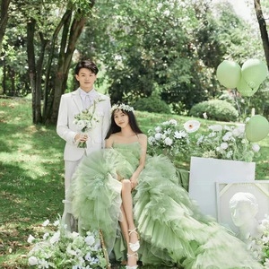 Ethereal Green Tulle Ball Gown Strapless Empire Waist Wedding Dress For Photography Portrait Sessions - Product Image 1