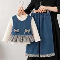 Ensemble 3 pièces pour filles : T-shirt à manches longues, débardeur en jean et pantalon large à carreaux – Tendance coréenne estivale pour enfants