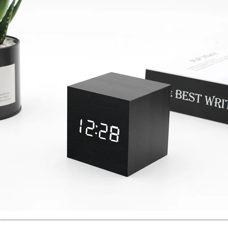 Voice Control Wooden Digital Clock Small usb charging Fit Advertising Business Gifts Square Led Alarm Clocks