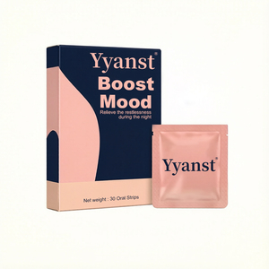 Bandes buccales Premium Boost Mood pour soulager l'agitation nocturne, favoriser un sommeil réparateur, 30 unités, complément alimentaire pour la nuit dans une boîte rose et bleue - Product Image 1