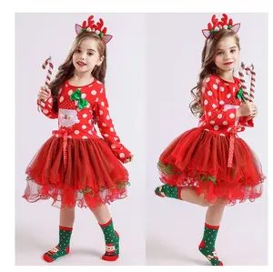 HYB66 圣诞礼物小女孩长袖红色圣诞老人的圣诞女孩连衣裙