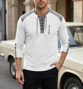 Sudadera <span class=keywords><strong>de</strong></span> punto gofrado <span class=keywords><strong>de</strong></span> alta calidad <span class=keywords><strong>para</strong></span> hombre, con cordones, cuello Henley, mangas raglán con bloques <span class=keywords><strong>de</strong></span> color, rayas y bolsillo con cremallera, ropa urbana <span class=keywords><strong>para</strong></span> hombre - Product Image 1