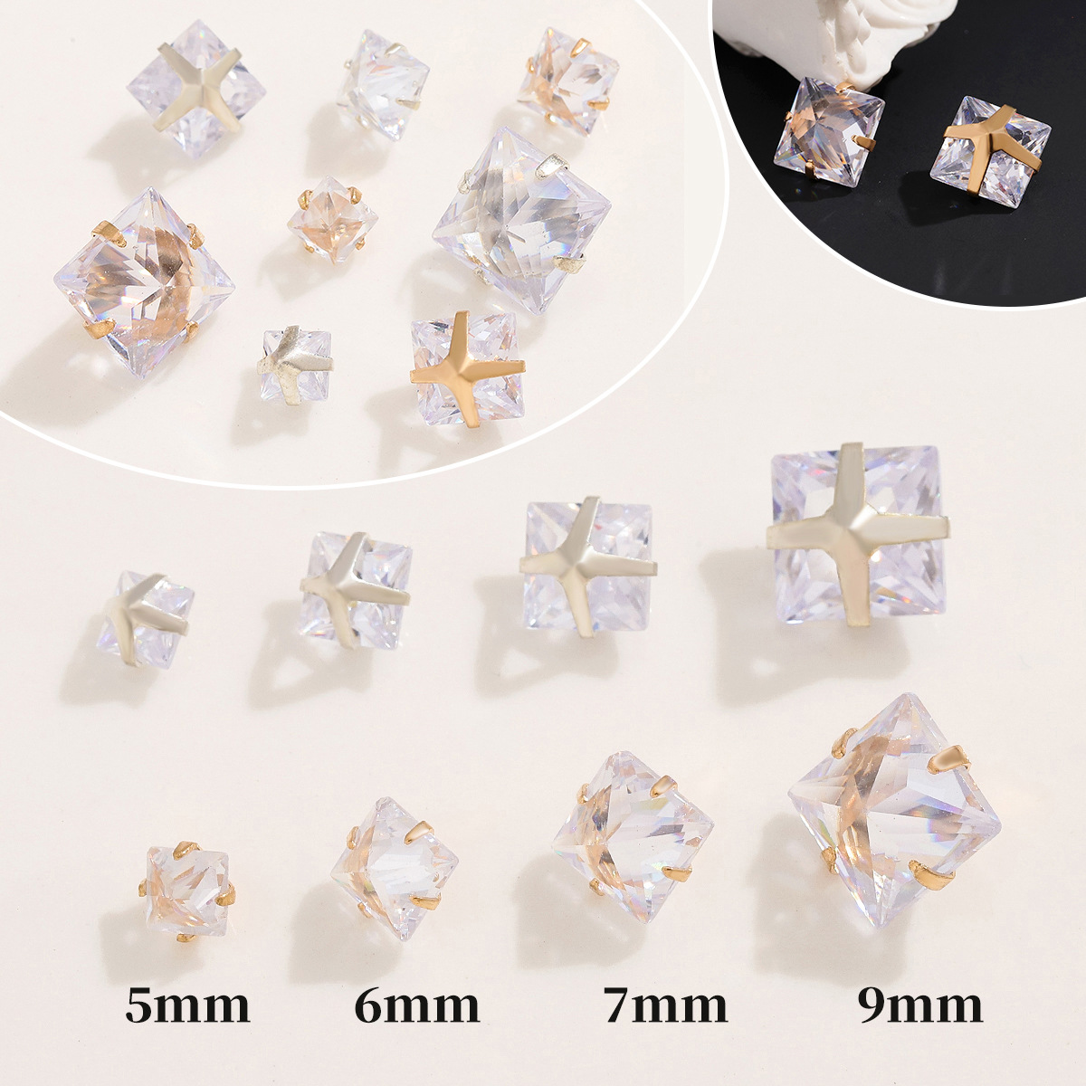 Zircon carré de 4 mm à quatre griffes à serrage inversé