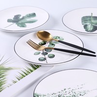Assiette en céramique minimaliste nordique, résistante au micro-ondes et au lave-vaisselle, motif végétal, forme ronde, pour les repas d'hôtel