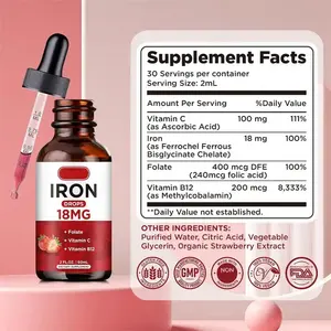 Biocaro Vegan Iron Liquid Drops Suplemento de hierro y vitamina C líquido en sangre de mayor absorción de energía para mujeres y niños
