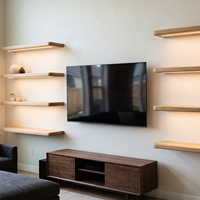 Étagères flottantes sur mesure à bords arrondis, rayon de 3 pouces, avec éclairage LED, en chêne, pour étagères ouvertes autour du mur TV du salon