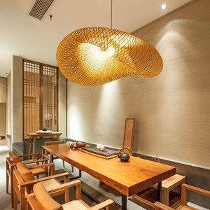Bamboo Woven Pendant Lamp Round Led <b>Light</b> Source Touch Control Home Living Room <b>Dining</b> Room Chandelier - Product Image 3
