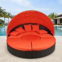 Sofá Cama Redondo de Ratán para Exteriores, Multifuncional, para Jardín, Villa, Piscina, con Toldo Retráctil